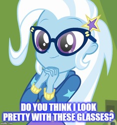 Size: 500x532 | Tagged: safe, edit, edited screencap, screencap, trixie, best trends forever, equestria girls, equestria girls series, g4, best trends forever: twilight sparkle, cropped, cyoa, female, glasses, solo