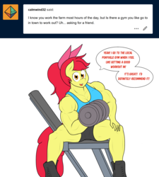 Size: 1280x1421 | Tagged: safe, artist:matchstickman, apple bloom, earth pony, anthro, plantigrade anthro, matchstickman's apple brawn series, tumblr:where the apple blossoms, g4, apple brawn, biceps, boots, breasts, busty apple bloom, clothes, comic, deltoids, dialogue, dumbbell (object), female, gym, gym shorts, looking at you, mare, muscles, older, older apple bloom, pecs, shoes, simple background, sitting, solo, sports bra, talking to viewer, thighs, thunder thighs, triceps, tumblr comic, weights, white background