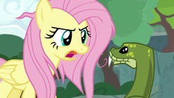 Size: 1920x1080 | Tagged: safe, screencap, antoine, fluttershy, pegasus, pony, python, snake, g4, she talks to angel, duo, female, male, mare, messy mane
