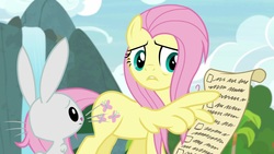 Size: 1920x1080 | Tagged: safe, screencap, angel bunny, fluttershy, pegasus, pony, rabbit, g4, she talks to angel, animal, checklist, duo, female, male, mare, scroll, wing hands, wings