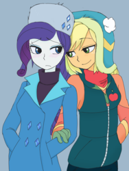 Size: 2448x3264 | Tagged: safe, artist:haibaratomoe, applejack, rarity, equestria girls, equestria girls series, g4, holidays unwrapped, spoiler:eqg series (season 2), clothes, coat, duo, female, high res, lesbian, ship:rarijack, shipping, simple background, smiling
