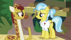 Size: 1920x1080 | Tagged: safe, screencap, clementine, doctor fauna, earth pony, giraffe, pony, g4, she talks to angel, animal, clothes, cloven hooves, duo, female, mare, shirt