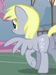 Size: 299x404 | Tagged: safe, screencap, derpy hooves, pegasus, pony, g4, she talks to angel, background pony, butt, cropped, female, mare, plot, solo, spread wings, wings