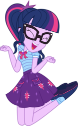 Size: 5060x8089 | Tagged: safe, artist:shootingstarsentry, sci-twi, twilight sparkle, do it for the ponygram!, equestria girls, g4, my little pony equestria girls: better together, absurd resolution, cute, eyes closed, female, geode of telekinesis, glasses, jumping, magical geodes, open mouth, pose, simple background, solo, transparent background, twiabetes, vector