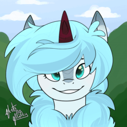 Size: 874x874 | Tagged: safe, artist:artsbymilky, oc, oc only, oc:frost flare, kirin, pony, animated, cute, ear flick, female, gif, grin, icon, kirin oc, looking at you, mare, signature, sky, smiling, solo