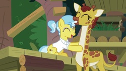 Size: 1920x1080 | Tagged: safe, screencap, clementine, doctor fauna, earth pony, giraffe, pony, g4, she talks to angel, animal, clothes, duo, eyes closed, female, grin, mare, massage, shirt, smiling