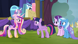 Size: 1920x1080 | Tagged: safe, screencap, princess cadance, princess flurry heart, starlight glimmer, trixie, twilight sparkle, alicorn, pony, unicorn, g4, my little pony: friendship is magic, road to friendship, 1080p, baby, baby pony, female, mare, outdoors, stage, twilight sparkle (alicorn)