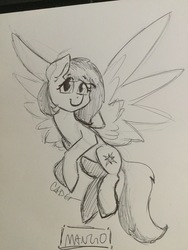 Size: 3264x2448 | Tagged: safe, artist:cadetredshirt, derpibooru exclusive, oc, oc only, oc:mango foalix, pegasus, pony, cute, flying, high res, hooves together, looking at you, pen drawing, photo, simple shading, sketch, smiling, solo, traditional art