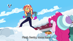 Size: 1912x1080 | Tagged: artist needed, source needed, safe, edit, edited screencap, screencap, pinkie pie, sunset shimmer, human, equestria girls, equestria girls series, g4, holidays unwrapped, saving pinkie's pie, spoiler:eqg series (season 2), 1000 hours in ms paint, angry, ass, battle stance, beanie, boots, bunset shimmer, butt, clenched fist, clothes, cloud, cryllic, cyrillic, day, dessert, determined, dialogue, exclamation point, eyelashes, female, food, gloves, hat, holding, implied flash sentry, jacket, logo, ms paint, ms paint adventures, open mouth, outdoors, pants, pastry, plusplus, pocket, pockets, pointing, pointing at self, ramekin, ripped, ripped pants, ripping clothes, scarf, shoes, sky, snow, snowball, snowball fight, souffle, standing, subtitles, symbol, talking, teeth, text, ukraine, ukrainian, wall of tags, watermark, woman, yelling
