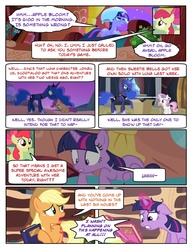 Size: 816x1056 | Tagged: safe, artist:mykin, artist:newbiespud, edit, edited screencap, screencap, apple bloom, applejack, princess luna, scootaloo, sweetie belle, twilight sparkle, alicorn, earth pony, pegasus, pony, unicorn, comic:friendship is dragons, g4, bed, book, bookshelf, bow, cardboard box, collaboration, comic, cutie mark crusaders, dialogue, ethereal mane, female, filly, freckles, glowing horn, golden oaks library, hair bow, hat, hoof shoes, horn, looking down, looking up, magic, mare, mouth hold, night, screencap comic, starry mane, stars, telekinesis, thread, unicorn twilight