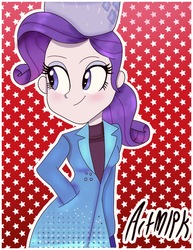 Size: 1536x1988 | Tagged: safe, artist:artmlpk, rarity, human, equestria girls, equestria girls series, g4, holidays unwrapped, spoiler:eqg series (season 2), blushing, christmas, clothes, female, hand in pocket, hat, holiday, looking back, smiling, solo, winter, winter outfit