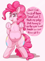 Size: 2250x3000 | Tagged: safe, artist:graphenescloset, pinkie pie, earth pony, pony, series:pinkie breaks the fourth wall, g4, against glass, belly, belly button, bipedal, bipedal leaning, both cutie marks, chubby, dialogue, female, fourth wall, frog (hoof), glass, high res, incentive drive, leaning, solo, talking to viewer, this will end in weight gain, underhoof, weight gain sequence