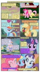Size: 612x1086 | Tagged: safe, artist:newbiespud, artist:winged cat, edit, edited screencap, screencap, angel bunny, applejack, fluttershy, pinkie pie, rainbow dash, rarity, twilight sparkle, earth pony, pegasus, pony, rabbit, unicorn, comic:friendship is dragons, g4, ..., animal, book, carousel boutique, cheek squish, collaboration, comic, derp, dialogue, female, flying, freckles, frown, golden oaks library, hat, mane six, mare, mouth hold, raised hoof, running, screencap comic, side hug, squishy cheeks, tongue out, unicorn twilight