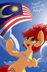 Size: 2160x3250 | Tagged: safe, artist:smowu, oc, oc only, oc:rosa blossomheart, earth pony, pony, bipedal, flag, flag waving, high res, independence day, malay independence day, malaysia, malaysian flag, mascot, solo