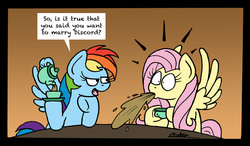 Size: 2173x1273 | Tagged: safe, artist:bobthedalek, fluttershy, rainbow dash, pegasus, pony, g4, she talks to angel, angel is a bunny bastard, brown background, cup, duo, faic, female, implied discord, implied discoshy, implied shipping, implied straight, mare, simple background, smug, smugdash, spit take, teacup, teapot, teasing, wing hands, wing hold, wings