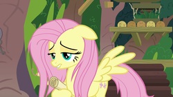 Size: 1920x1080 | Tagged: safe, screencap, fluttershy, pegasus, pony, g4, she talks to angel, female, mare, messy mane, scroll, solo, tired