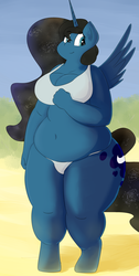 Size: 1260x2500 | Tagged: safe, artist:lupin quill, princess luna, anthro, unguligrade anthro, g4, bbw, beach, belly, belly button, big breasts, bikini, bikini bottom, bikini top, breasts, busty princess luna, chubby, cleavage, clothes, fat, female, fupa, plump, princess moonpig, solo, spread wings, swimsuit, thighs, thunder thighs, tight clothing, wide hips, wings