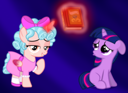 Size: 1100x800 | Tagged: safe, editor:php185, cozy glow, twilight sparkle, alicorn, pony, unicorn, g4, the ending of the end, alicornified, blank flank, book, clothes, cozycorn, dark blue background, dress, female, filly, filly twilight sparkle, floppy ears, looking up, pouting, race swap, unicorn twilight, vector, younger