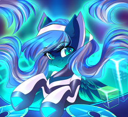 Size: 2000x1840 | Tagged: safe, artist:airiniblock, oc, oc only, oc:vivid tone, pegasus, pony, rcf community, clothes, commission, disc jockey, dj sona, female, futuristic, looking at you, mare, smiling, solo, turntable