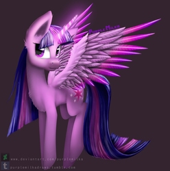 Size: 2800x2825 | Tagged: safe, artist:purplemilka, twilight sparkle, alicorn, pony, g4, chest fluff, ear fluff, female, glowing horn, high res, horn, magic, mare, simple background, solo, spread wings, twilight sparkle (alicorn), wings