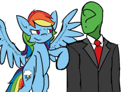 Size: 639x471 | Tagged: safe, artist:visiti, color edit, edit, rainbow dash, oc, oc:anon, human, pegasus, pony, g4, bump, clothes, colored, female, flying, looking at each other, male, mare, necktie, simple background, spread wings, suit, tapping, white background, wings