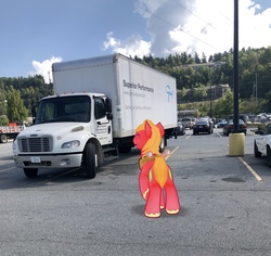 Size: 3024x2853 | Tagged: safe, gameloft, photographer:undeadponysoldier, big macintosh, earth pony, pony, g4, augmented reality, high res, irl, male, photo, ponies in real life, solo, stallion, truck