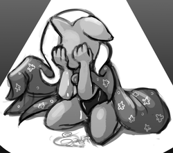 Size: 900x799 | Tagged: dead source, safe, artist:fauxsquared, trixie, unicorn, anthro, g4, cape, clothes, crying, female, hat, horn, leotard, monochrome, sad, solo, the sad and depressive trixie, trixie's cape, trixie's hat