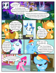 Size: 612x792 | Tagged: safe, artist:newbiespud, edit, edited screencap, screencap, applejack, fancypants, pinkie pie, rainbow dash, earth pony, pegasus, pony, unicorn, comic:friendship is dragons, g4, angry, apple, bipedal, bowtie, canterlot, clothes, comic, dialogue, eyes closed, female, food, freckles, gritted teeth, hat, male, mare, monocle, saddle basket, screencap comic, smiling, stallion, suit, tree