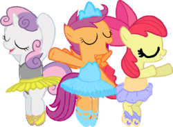 Size: 949x698 | Tagged: safe, artist:angrymetal, apple bloom, scootaloo, sweetie belle, earth pony, pegasus, pony, unicorn, g4, 1000 hours in ms paint, arms in the air, ballerina, ballet, ballet slippers, bloomerina, clothes, cutie mark crusaders, en pointe, eyes closed, jewelry, leotard, open mouth, scootarina, simple background, sweetierina, tiara, transparent background, tutu