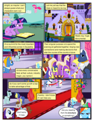 Size: 612x792 | Tagged: safe, artist:newbiespud, edit, edited screencap, screencap, blue moon (g4), bruce mane, chocolate sun, eclair créme, fine line, lyrica lilac, masquerade, maxie, north star, orange blossom, orion, perfect pace, pinkie pie, prim posy, rainbow dash, rarity, shooting star (g4), star gazer, twilight sparkle, earth pony, pegasus, pony, unicorn, comic:friendship is dragons, g4, annoyed, background pony, book, clothes, comic, dialogue, dress, female, flower, flower in hair, frown, jewelry, jumping, male, mare, necklace, necktie, pearl necklace, screencap comic, stallion, statue, suit, trampoline, tulip, unicorn twilight