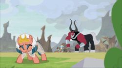 Size: 800x450 | Tagged: safe, screencap, lord tirek, rockhoof, somnambula, centaur, earth pony, pegasus, pony, g4, the ending of the end, leak, animated, cloven hooves, colored hooves, draining, eating, eyes closed, female, fleeing, flying, gif, leaping, looking over shoulder, magic drain, magic theft, male, mare, nose piercing, nose ring, piercing, satisfied, scared, septum piercing, slam, smug smile, somnambuse, that centaur sure does love magic, wings