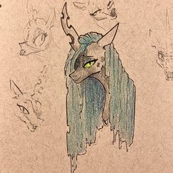 Size: 2048x2048 | Tagged: safe, artist:greyscaleart, queen chrysalis, changeling, changeling queen, g4, bust, female, high res, sketch, solo, traditional art