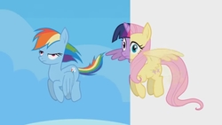 Size: 1280x720 | Tagged: safe, screencap, fluttershy, rainbow dash, twilight sparkle, alicorn, pegasus, pony, pony girl, g4, flying, funny, great moments in animation, half, modular, split screen, twilight sparkle (alicorn), weird, youtube link