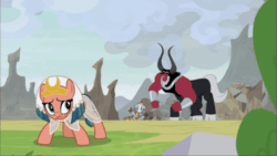 Size: 678x382 | Tagged: safe, screencap, lord tirek, rockhoof, somnambula, centaur, earth pony, pegasus, pony, g4, the ending of the end, leak, animated, cloven hooves, colored hooves, egyptian pony, eyes closed, female, fleeing, flying, gif, male, mare, nose piercing, nose ring, piercing, satisfied, scared, septum piercing, slam, smug smile, wings