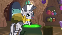 Size: 1920x1080 | Tagged: safe, screencap, zecora, pony, zebra, g4, she talks to angel, bed, cauldron, ear piercing, earring, female, jewelry, mare, neck rings, piercing, potion, solo