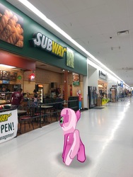 Size: 3024x4032 | Tagged: safe, gameloft, photographer:undeadponysoldier, cheerilee, earth pony, human, pony, g4, augmented reality, female, food, irl, irl human, mare, photo, ponies in real life, restaurant, subway, walmart