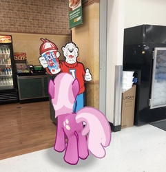 Size: 3024x3143 | Tagged: safe, gameloft, photographer:undeadponysoldier, cheerilee, bear, earth pony, polar bear, pony, g4, augmented reality, cardboard cutout, female, food, high res, icee, irl, mare, mascot, photo, ponies in real life, restaurant, slushie, standee, subway, walmart