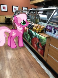 Size: 3024x4032 | Tagged: safe, gameloft, photographer:undeadponysoldier, cheerilee, earth pony, pony, augmented reality, chips, female, food, irl, lays, mare, photo, ponies in real life, restaurant, subway, tomato, walmart
