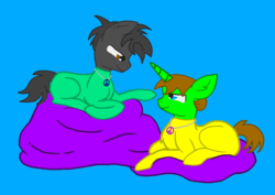 Size: 920x651 | Tagged: safe, artist:angrybeavers1997, artist:tech-kitten, oc, oc only, oc:nick volt, oc:ryan, earth pony, pony, unicorn, base used, beanbag, birthday, bodysuit, brotherly love, brothers, catsuit, hippie, jewelry, latex, latex suit, male, necklace, peace suit, peace symbol, peaceful, relaxing, rubber suit, sibling, sibling love, siblings