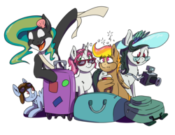 Size: 3638x2820 | Tagged: safe, artist:everfreenw, oc, oc only, oc:front page, oc:marina (efnw), oc:mocha sunrise, oc:novella, oc:sharp focus, earth pony, orca pony, original species, pegasus, pony, unicorn, bag, camera, cup, drunk bubbles, earth pony oc, everfree northwest, glasses, goggles, hat, high res, hoof hold, horn, looking up, pegasus oc, sick, simple background, suitcase, sun hat, transparent background, unicorn oc, wing hands, wings