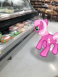 Size: 3024x4032 | Tagged: safe, gameloft, photographer:undeadponysoldier, cheerilee, earth pony, pony, g4, augmented reality, birthday cake, cake, female, food, grocery store, irl, mare, photo, ponies in real life, shopping, solo, walmart