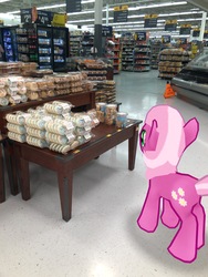 Size: 3024x4032 | Tagged: safe, gameloft, photographer:undeadponysoldier, cheerilee, earth pony, pony, g4, augmented reality, cookie, female, food, frosting, irl, mare, photo, ponies in real life, shopping, solo, sprinkles, walmart