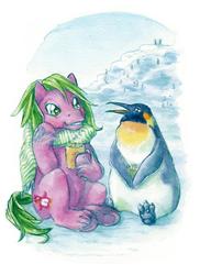 Size: 600x826 | Tagged: safe, artist:annapommes, baby waddles, bird, emperor penguin, penguin, g1, birb, chocolate, cute, food, hot chocolate, that pony sure does love penguins, traditional art, waddlebetes