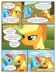 Size: 612x792 | Tagged: safe, artist:newbiespud, edit, edited screencap, screencap, applejack, rainbow dash, earth pony, pegasus, pony, comic:friendship is dragons, fall weather friends, g4, annoyed, comic, dialogue, female, flying, freckles, frown, grin, hat, mare, raised hoof, screencap comic, smiling
