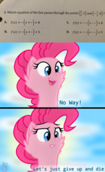 Size: 1300x2133 | Tagged: safe, artist:rainbow eevee, pinkie pie, earth pony, pony, g4, algebra, exploitable meme, fancy mathematics, female, fuck this, i want to die, math, meme, solo, why