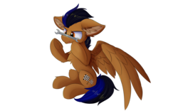 Size: 1920x1200 | Tagged: safe, artist:lunar froxy, oc, oc only, pegasus, pony, chest fluff, commission, ear fluff, fluffy, hoof fluff, male, simple background, sitting, smiling, solo, stallion, tongue out, transparent background, underhoof, wrench
