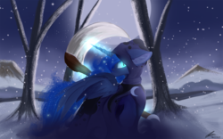 Size: 1920x1200 | Tagged: safe, artist:lunar froxy, princess luna, alicorn, pony, g4, cloak, clothes, commission, female, glowing eyes, hood, looking at you, magic, mare, night, patreon, patreon reward, scenery, scythe, snow, solo, spread wings, wings, winter
