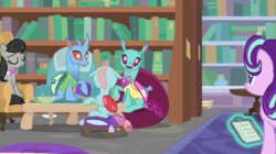 Size: 2000x1121 | Tagged: safe, screencap, carapace (character), ocellus, octavia melody, spiracle, starlight glimmer, changedling, changeling, earth pony, pony, a horse shoe-in, book, bookshelf, bowtie, eyes closed, female, library, magic, magic aura, mare, sitting, telekinesis