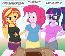Size: 3197x2783 | Tagged: safe, artist:sybaris, derpibooru exclusive, pinkie pie, sci-twi, sunset shimmer, equestria girls, brownies, chubby, chubby sci-twi, chubby shimmer, chubby twilight, clothes, food, glasses, lidded eyes, midriff, outdoors, pants, picnic, plump, sheepish grin, weight gain