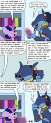 Size: 750x1800 | Tagged: safe, artist:bjdazzle, ahuizotl, twilight sparkle, alicorn, pony, season 9 retirement party, daring don't, daring doubt, g4, 3 panel comic, anubis, book, book signing, book store, chibi, comic, ear piercing, earring, explanation, facepalm, female, glasses, good intentions gone wrong, guardian, implied sphinx, jewelry, magic, male, mare, necklace, old shame, piercing, quill, rings of scorchero, telekinesis, twilight sparkle (alicorn)